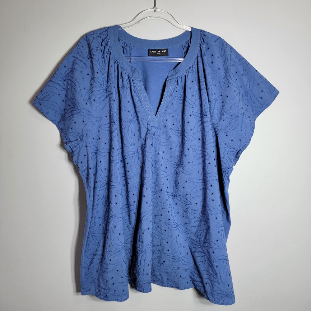 Lane Bryant Blue Eyelet Embroidered V Neck Tunic Top Plus Size 26 28 - Picture 3 of 8